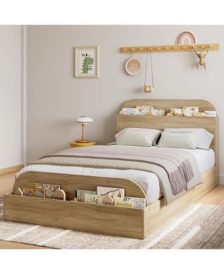 Bed Frame, Wooden Bed with Storage Headboard and Footboard, Floor-Low Platform Bed with Wooden Slats Design, No Box Spring Needed