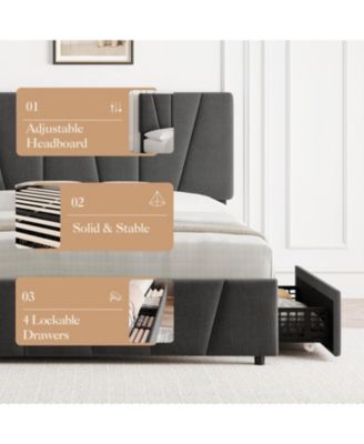 Linen Upholstered Bed Frame - Platform Bed Frame with 4 Storage Drawers & Adjustable Headboard, Wood Slat Support, No Box Sping Needed