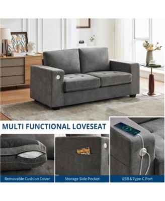 70" Versatile Contemporary Sectional Sofa in Chenille Fabric for Two with USB Charging Port and Side Storage Pocket, Fabric Cover Removable