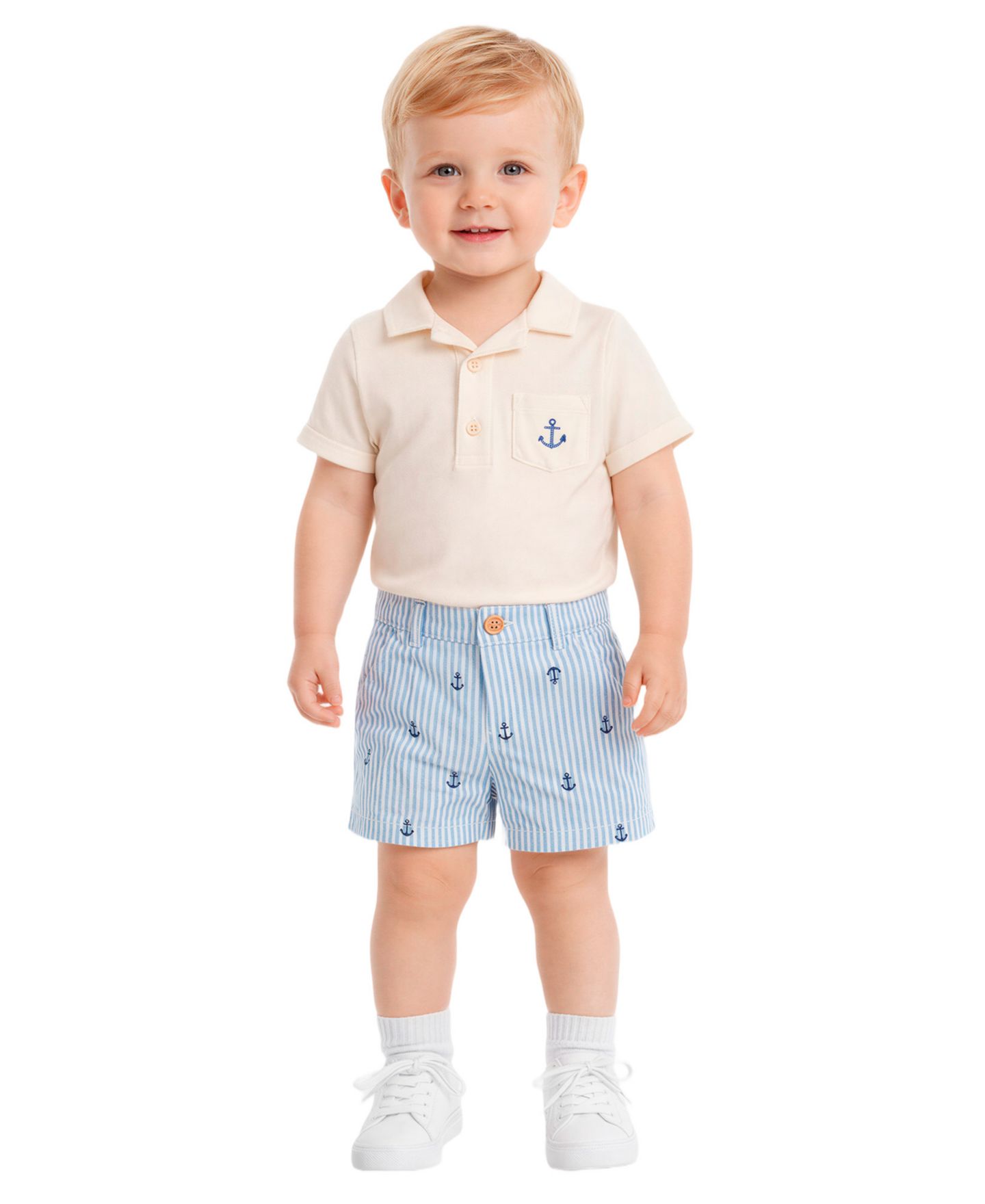 Комплект для мальчика Sperry: боди с коротким рукавом и шорты на резинке, 2 предмета, цвет: Кремовый / Синий — фото 1