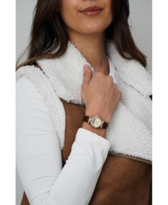 Women's Petite 25mm Sun-Moon Watch with Glossy Leather Strap