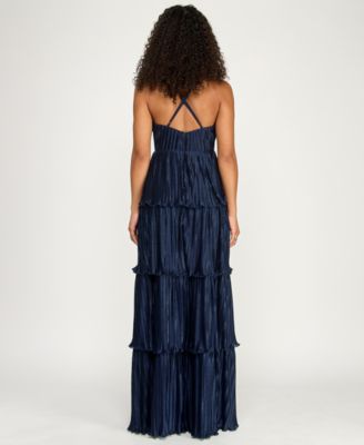 Juniors' V-Neck Ruffle-Tiered Sleeveless Gown