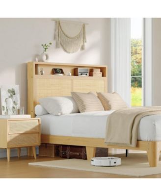 Rattan Bed Frame with RGB LED Lights, Boho Style, Storage Headboard & Charging Station