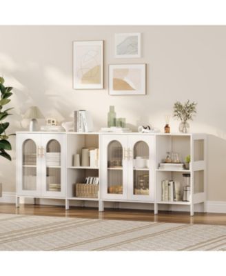 2PCS Whhite Storage Cabinet with Glass Door,Open Shelves,Sideboard Buffet Cabinet,2-Tier Floor Storage Cabinet for Living Room,Bathroom,Kitchen