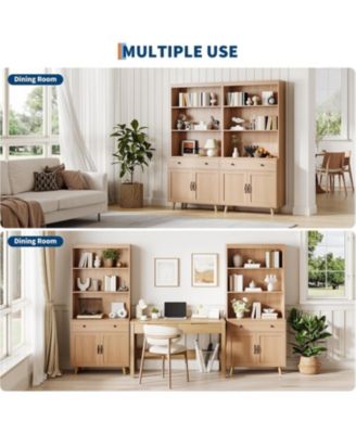 Tall Bookshelf with Storage Cabinet, Wood Bookcase with 4 Doors and 2 Drawer & Open Shelves, Freestanding Display Bookshelves for Home Office