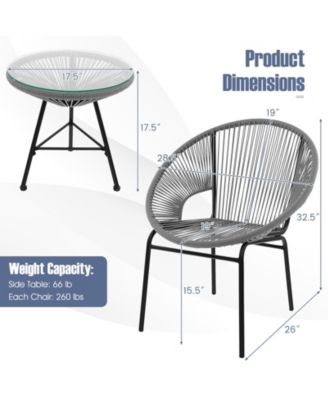 3 Pieces Acapulco Chair Set Wicker Conversation Bistro Set w/ Tempered Glass Table