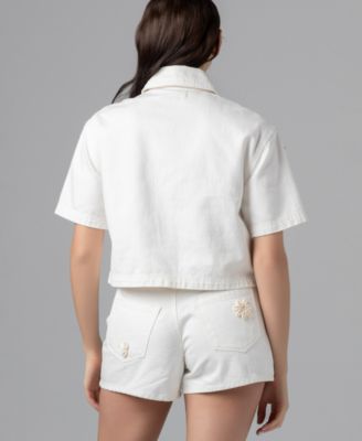 Women's Sea Shell Applique Detail Collared Cropped Denim Shirt