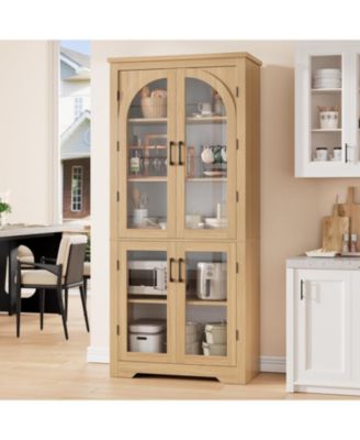 70" Tall Kitchen Pantry Cabinet - Modern Display Cabinet with 4 Arched Glass Doors and Adjustable Shelves, Versatile Cupboard Organizers