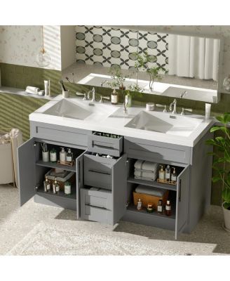 59.3" Double Sink Bathroom Vanity with SMC Integrated Basin, Soft Close Drawers & Adjustable Shelf for Large Bathrooms
