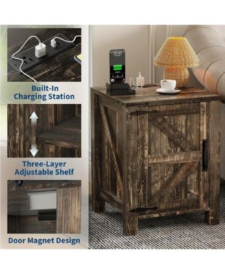 Bedside Table with USB Charging Station – 18" Rustic End Table with Sliding Barn Door, Adjustable Shelf, Two-Tier Storage