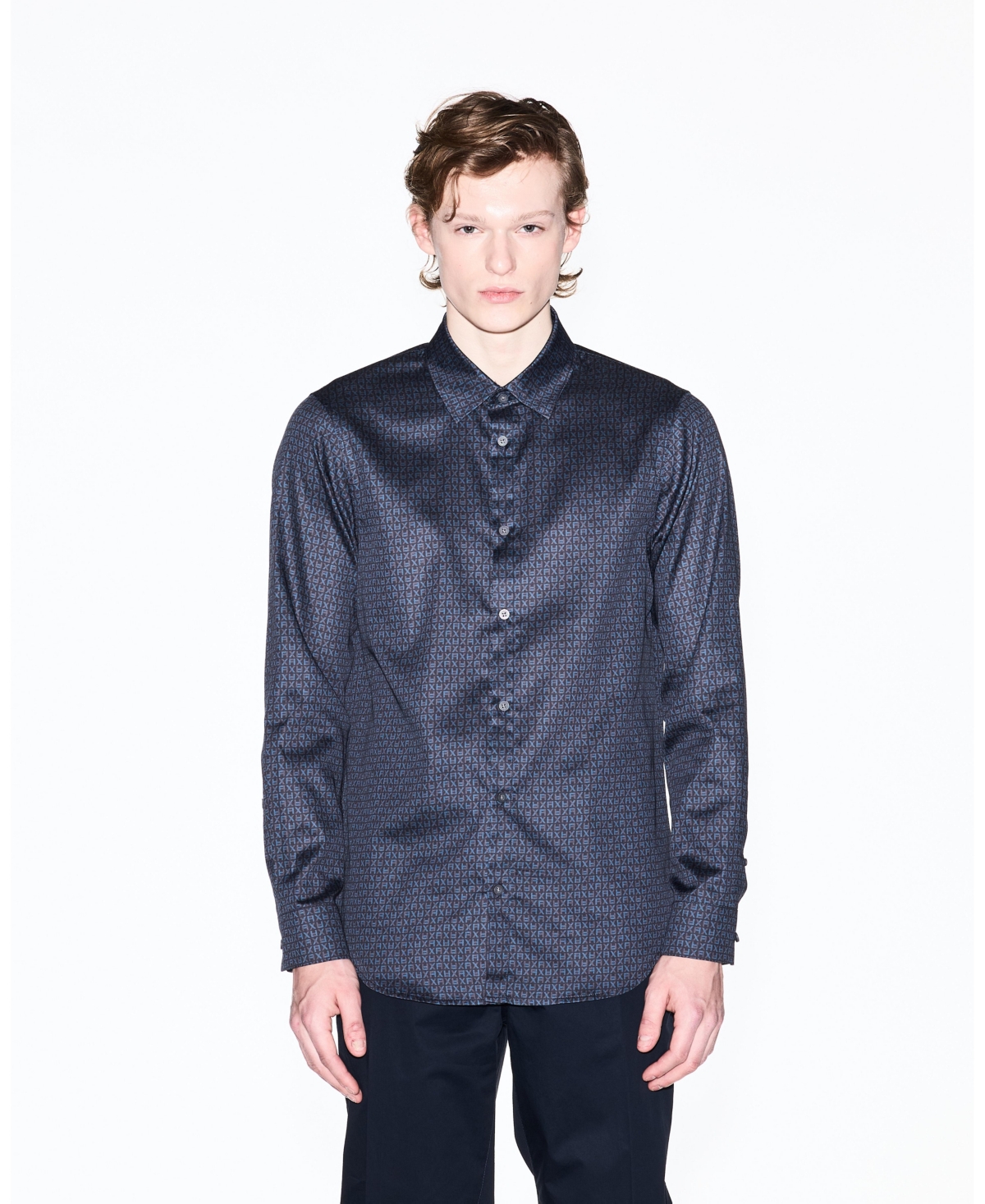 A|X Armani Exchange Men's Long Sleeve Cotton Satin Allover logo Print Shirt - Deep Navy Print