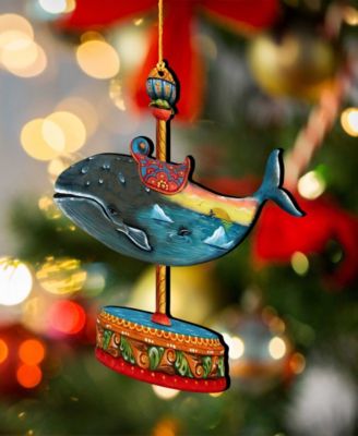 Carousel Whale Christmas Wooden Ornament, Set of 2