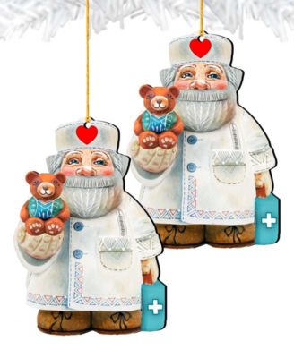 Teddy Bear Doctor Wooden Christmas Ornament, Set of 2