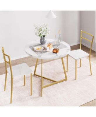 3-Piece Round Dining Set for 2, Table with Cushioned Chairs, Gold White