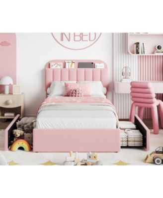 Twin Bed Frame Storage Headboard 2 Drawers Kids Upholstered Platform Bookcase Wood Slats No Box Spring