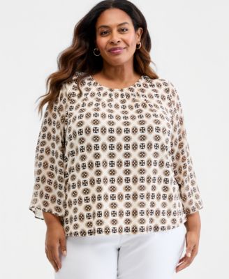 Plus Size Aria Tile Chiffon-Sleeve Gathered Neck Top
