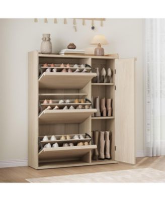 Freestanding Wooden Shoe Cabinet with 3 Flip Drawers and Side Door
