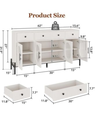 62 Inch Modern Sideboard Cabinet with 3 Drawers and 3 Glass Doors Anti Tip Safety