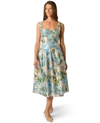 Women's Shirred Square Neck Midi Dress