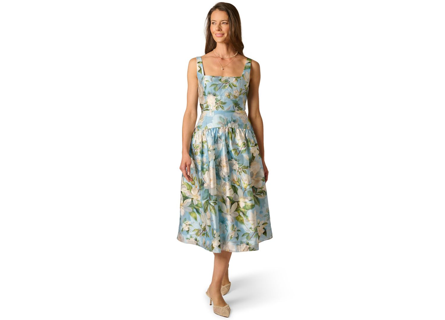 Women's Shirred Square Neck Midi Dress