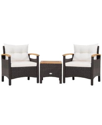 3PCS Patio Rattan Furniture Set Wooden Armrest Table Top Cushioned Deck