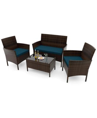 4 Pc. Patio Furniture Set with Washable Cushions and Tempered Glass Coffee Table