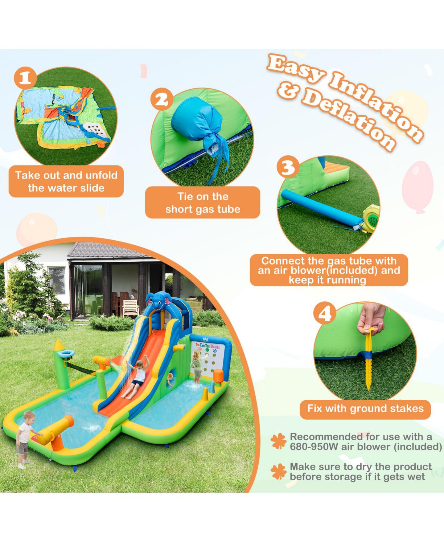 Детская игрушка Mecale 9-in-1 Giant Inflatable Water Slide Park, 15.5'L x 12.5'W x 8.2'H, 735W Blower Included, Ages 3-10, цвет: Зелёный — фото 7