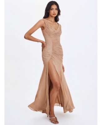 Women's Viveca Apricot Crystal-Embellished Asymmetrical Ruched Maxi Dress