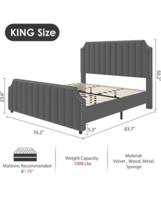 King Platform Bed Frame 50 Inch Headboard Velvet Vertical Tufted Headboard Footboard Nailhead No Box Spring