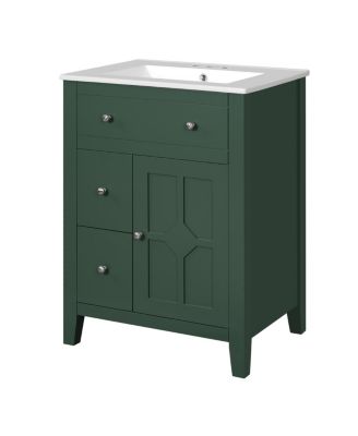 Bathroom Vanity with Ceramic Basin, Modern Cabinet with 2 Drawers, Soft-Closing Door & Adjustable Shelf for Small Bathrooms