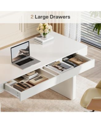 White Desk with Drawers, 63-Inch Modern Executive Office Desk, Glossy Elegant Work Study Desk Writing Table for Home Office