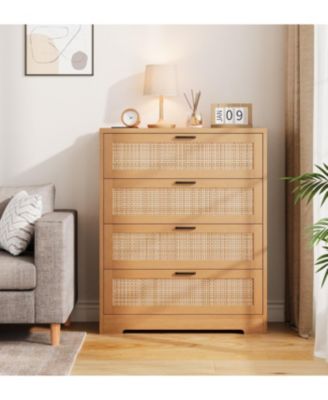 Drawer Tall Rattan Dresser, Modern Wooden Storage Chest with Handles & Wide Top for Living Room Bedroom Hallway Entryway