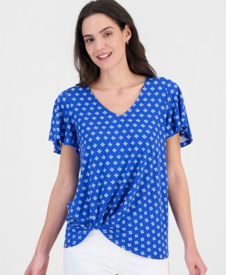Women's Printed Short Sleeve V-Neck Twist-Front Top