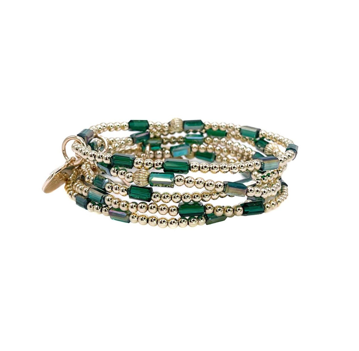 3mm Gold Filled Ball and Emerald Glass Bead Stretch Bracelet