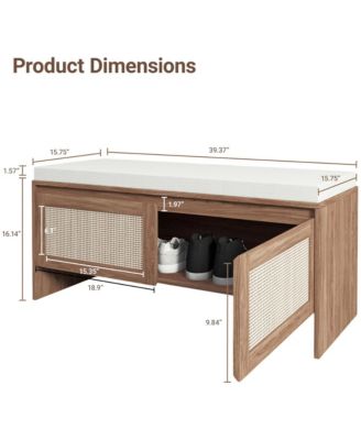 Rattan Entryway Bench, Wooden Bench with Storage and Cushion Seating for Bedroom, Hallway