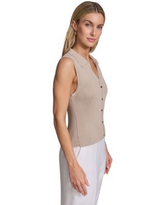 Women's Sleeveless Button-Front Collared Sweater