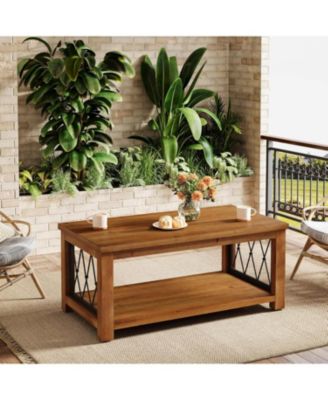 47.2" Solid Wood Coffee Table, Farmhouse Rectangular Center Table, 2-Tier Low Cocktail Tea Table