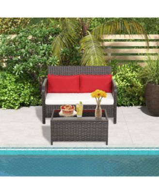 2PCS Patio PE Wicker Rattan Loveseat Sofa Set w/ Coffee Table and Cushions