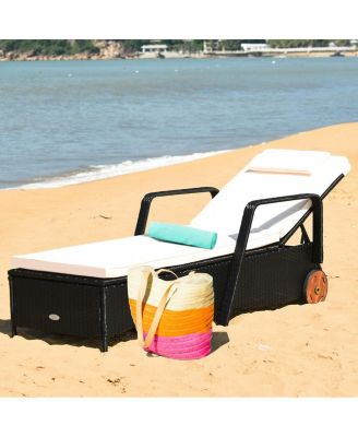 Reclining Outdoor Rattan Lounge Chair with Adjustable Back and Wheels