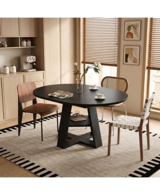 Extendable Round Dining Table for 4-8 People with Storage Shelf