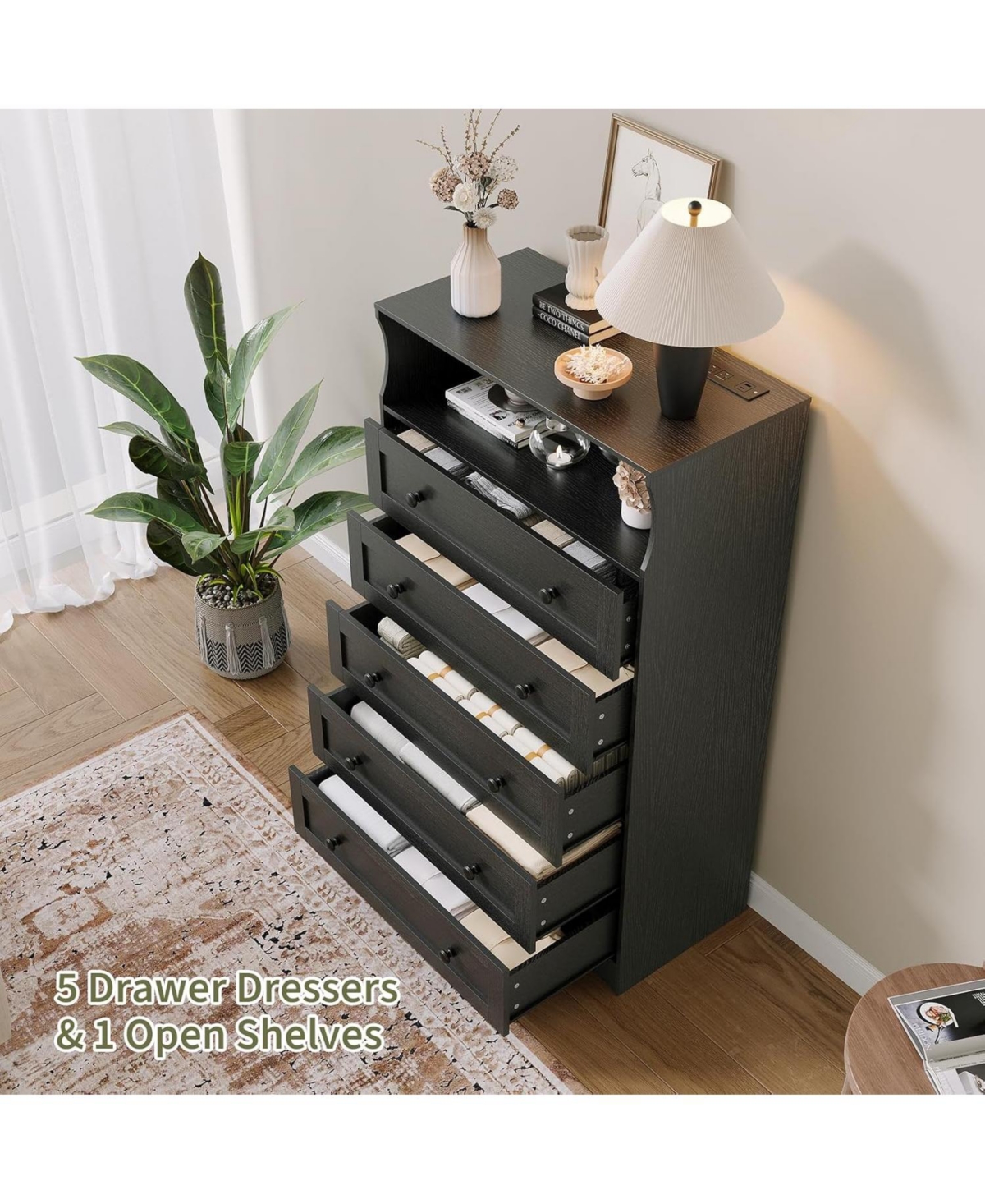 gaomon 4 Drawer Wood Nightstand with Led Lights & Charging Station, Bedside Chest for Bedroom, Closet, Hallway