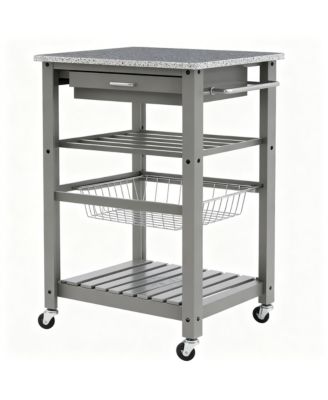 Granite top pine kitchen storage cart with casters and drawers