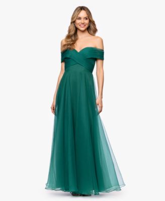Petite Mesh Off-The-Shoulder Ball Gown