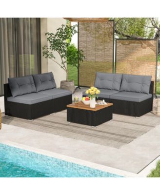 Set Of 5 Outdoor Furniture Set w/ Seat and Back Cushions Acacia Wood Tabletop