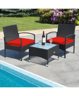 3 PCS Patio Wicker Rattan Furniture Set Coffee Table & 2 Rattan Chair w/ Cushion