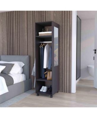 Cluster 63inch Tall Wardrobe with Mirror Three Shelves Casters and Hanging Rod Bedroom Clothes Storage Cabinet Organizer