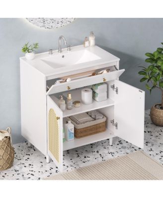 Freestanding Bathroom Vanity with Sink, Solid Wood & MDF Cabinet, Tip Drawer & Adjustable Shelf for Modern Storage