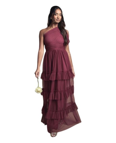 Женское платье Oasis Pleated One Shoulder Tiered Maxi, цвет: Ягодный