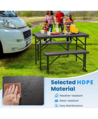 Outdoor Folding Table and Bench Set with HDPE Top and Metal Frame