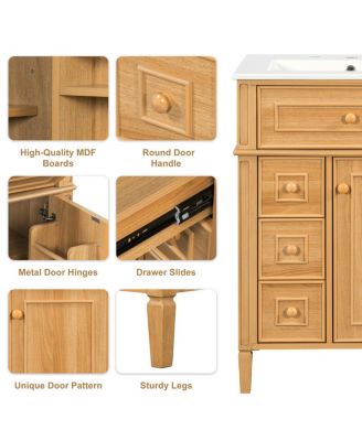 24" Freestanding Bathroom Vanity with Ceramic Sink, Solid Wood & MDF, Soft-Close Drawers, Flip-Out Storage for Modern Bathrooms